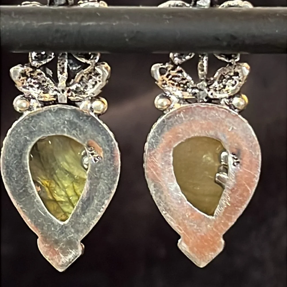 NWT BLUE TOPAZ , LABRADORITE 925 STERLING SILVER DROP FLOWER EARRINGS 2.2” - Picture 6 of 9